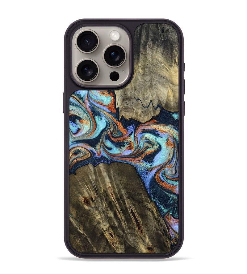 iPhone 15 Pro Max Wood Phone Case - Johnny (Teal & Gold, 798682)