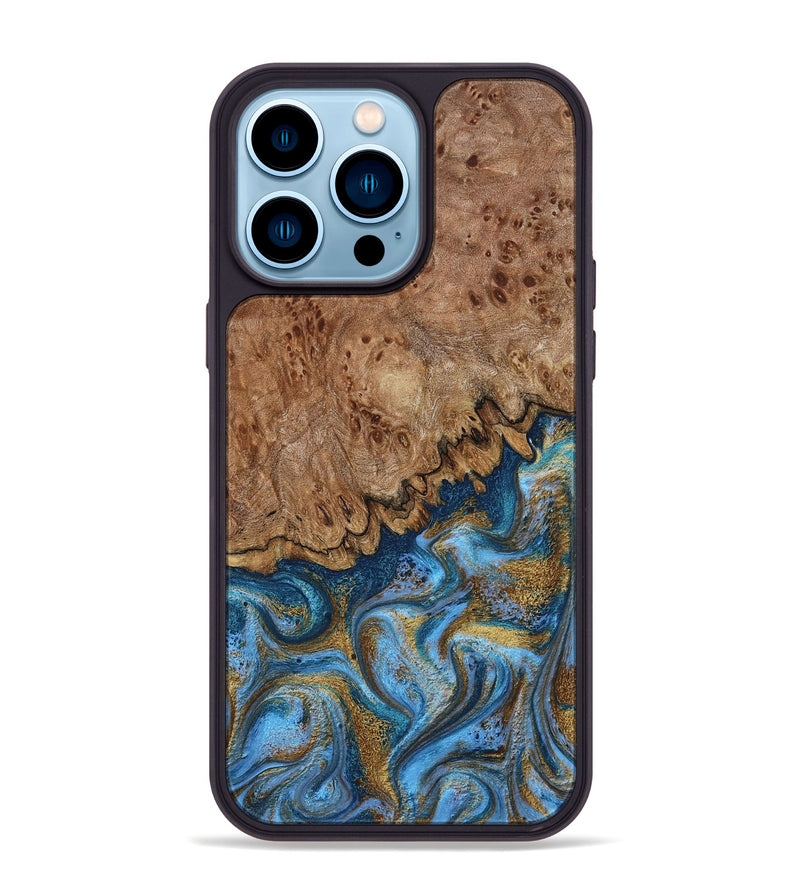 iPhone 14 Pro Max Wood Phone Case - Lisbeth (Teal & Gold, 798684)