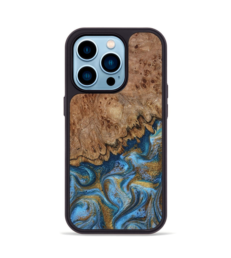 iPhone 14 Pro Wood Phone Case - Lisbeth (Teal & Gold, 798684)