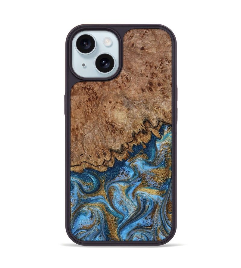 iPhone 15 Wood Phone Case - Lisbeth (Teal & Gold, 798684)