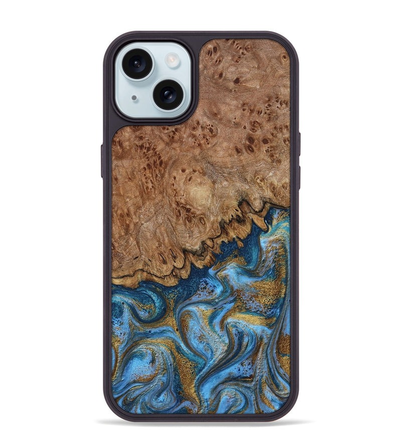 iPhone 15 Plus Wood Phone Case - Lisbeth (Teal & Gold, 798684)