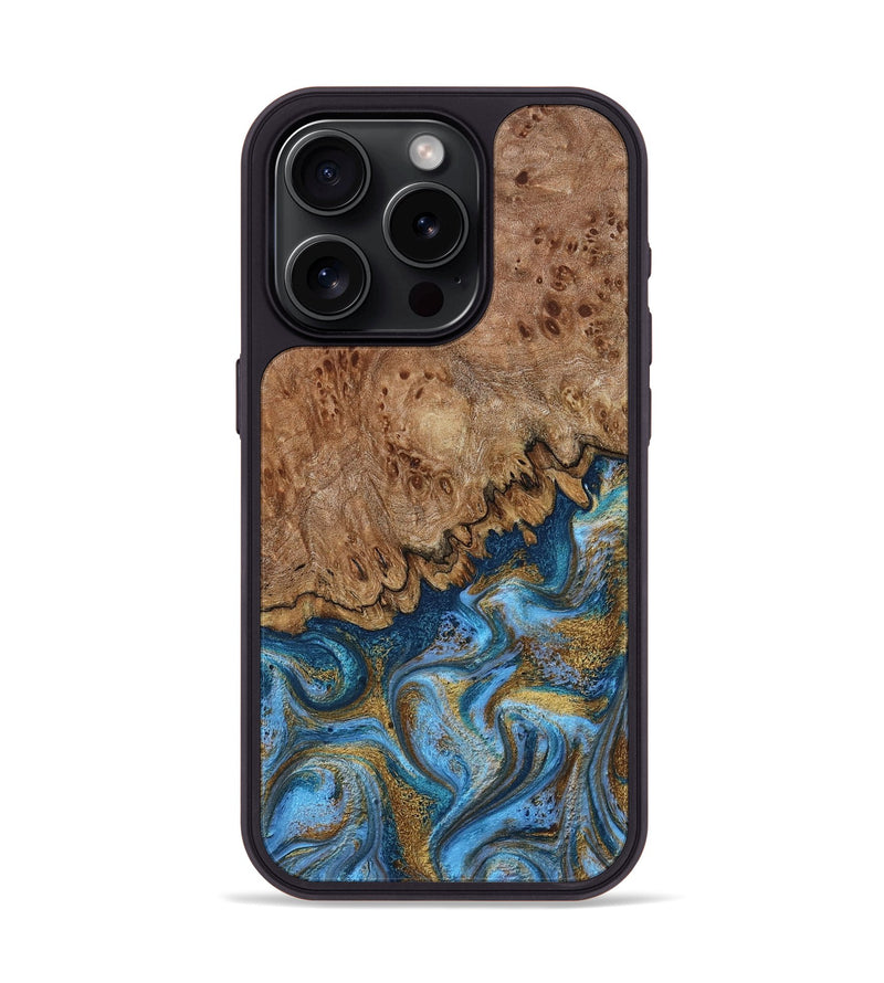 iPhone 15 Pro Wood Phone Case - Lisbeth (Teal & Gold, 798684)