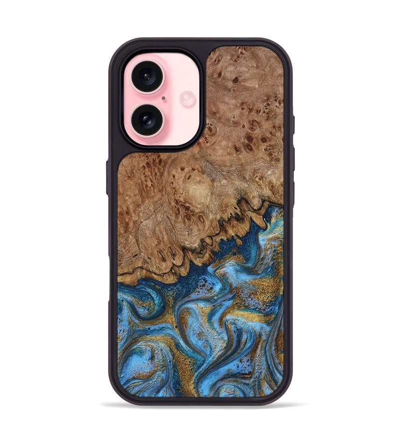 iPhone 16 Wood Phone Case - Lisbeth (Teal & Gold, 798684)