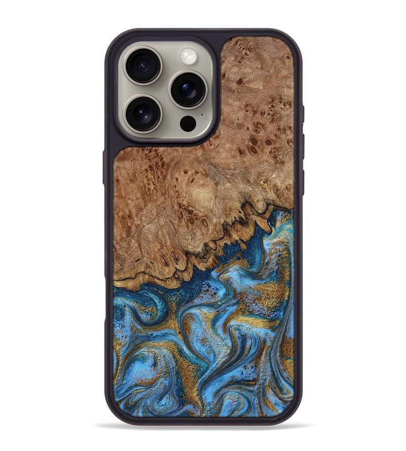 iPhone 16 Pro Max Wood Phone Case - Lisbeth (Teal & Gold, 798684)