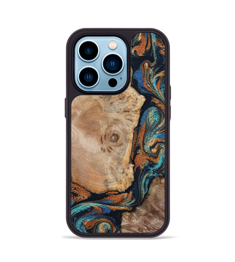 iPhone 14 Pro Wood Phone Case - Ofelia (Teal & Gold, 798687)