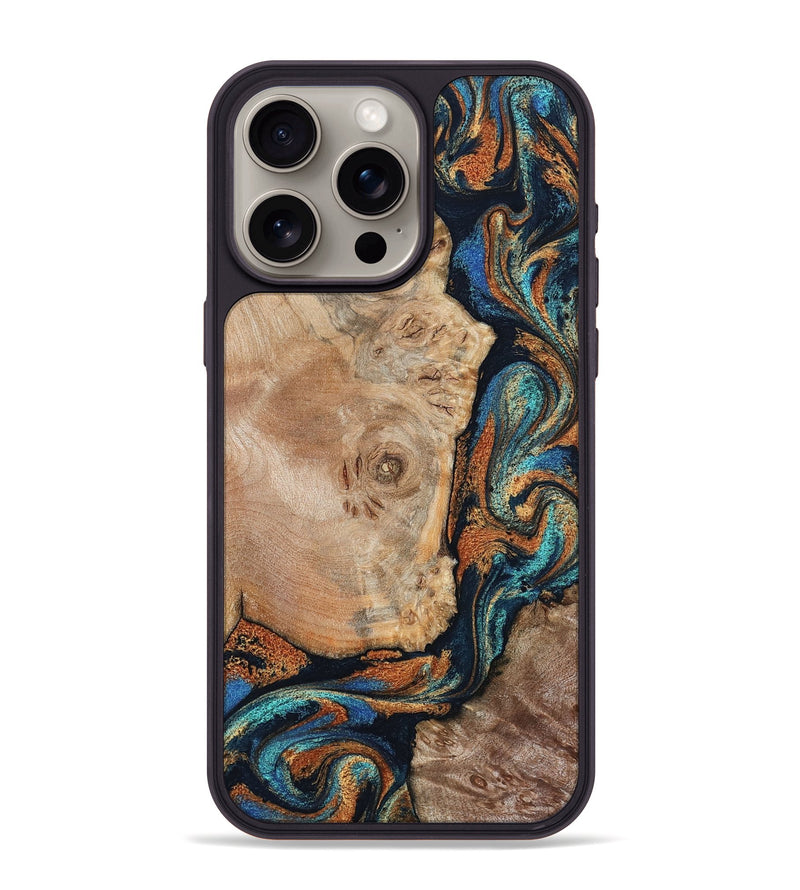 iPhone 15 Pro Max Wood Phone Case - Ofelia (Teal & Gold, 798687)