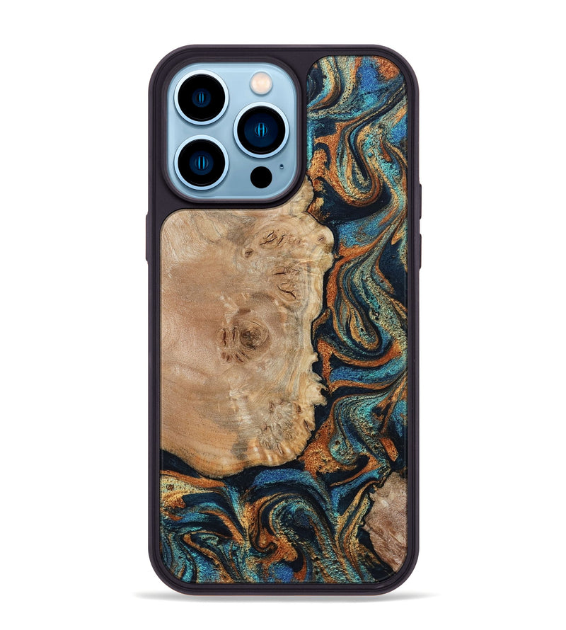 iPhone 14 Pro Max Wood Phone Case - Tobias (Teal & Gold, 798692)