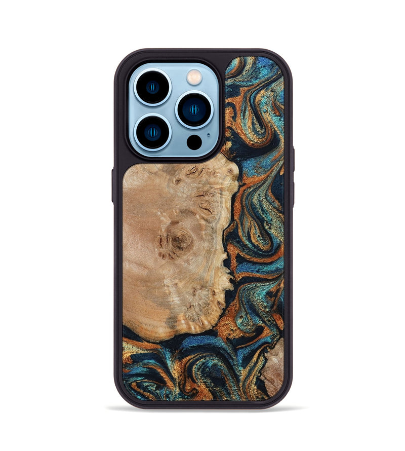 iPhone 14 Pro Wood Phone Case - Tobias (Teal & Gold, 798692)
