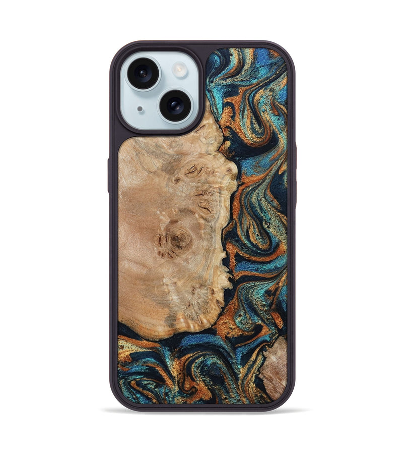 iPhone 15 Wood Phone Case - Tobias (Teal & Gold, 798692)