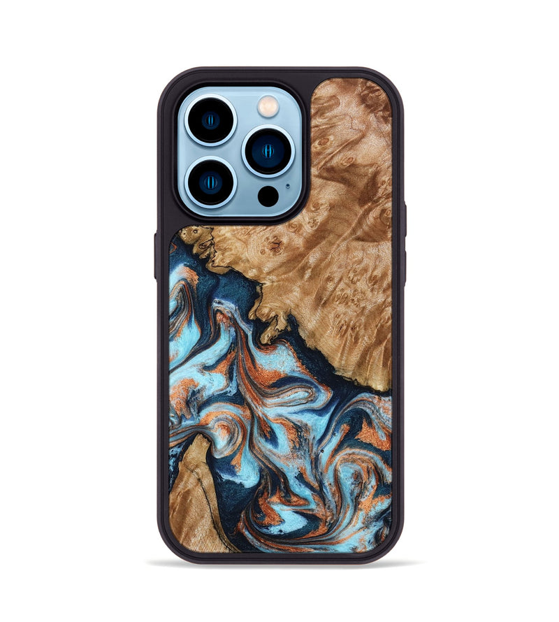 iPhone 14 Pro Wood Phone Case - Alonzo (Teal & Gold, 798693)