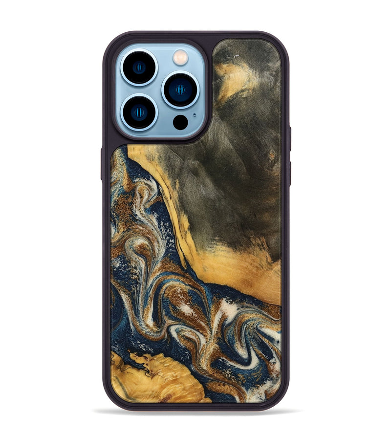 iPhone 14 Pro Max Wood Phone Case - Brylee (Teal & Gold, 798694)