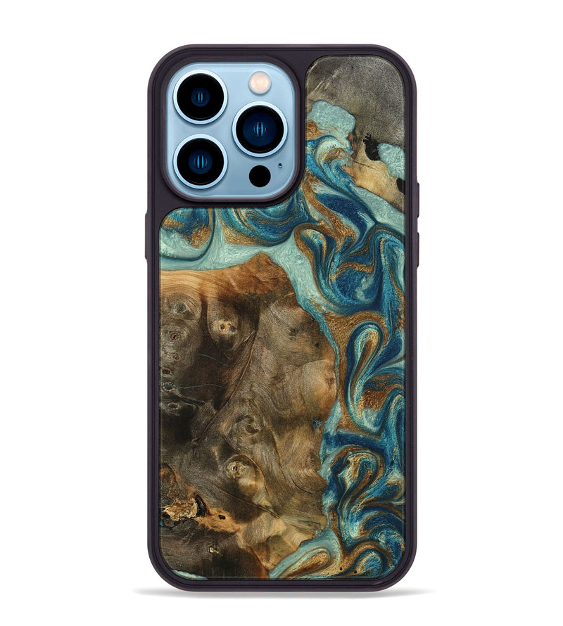 iPhone 14 Pro Max Wood Phone Case - Bowen (Teal & Gold, 798695)
