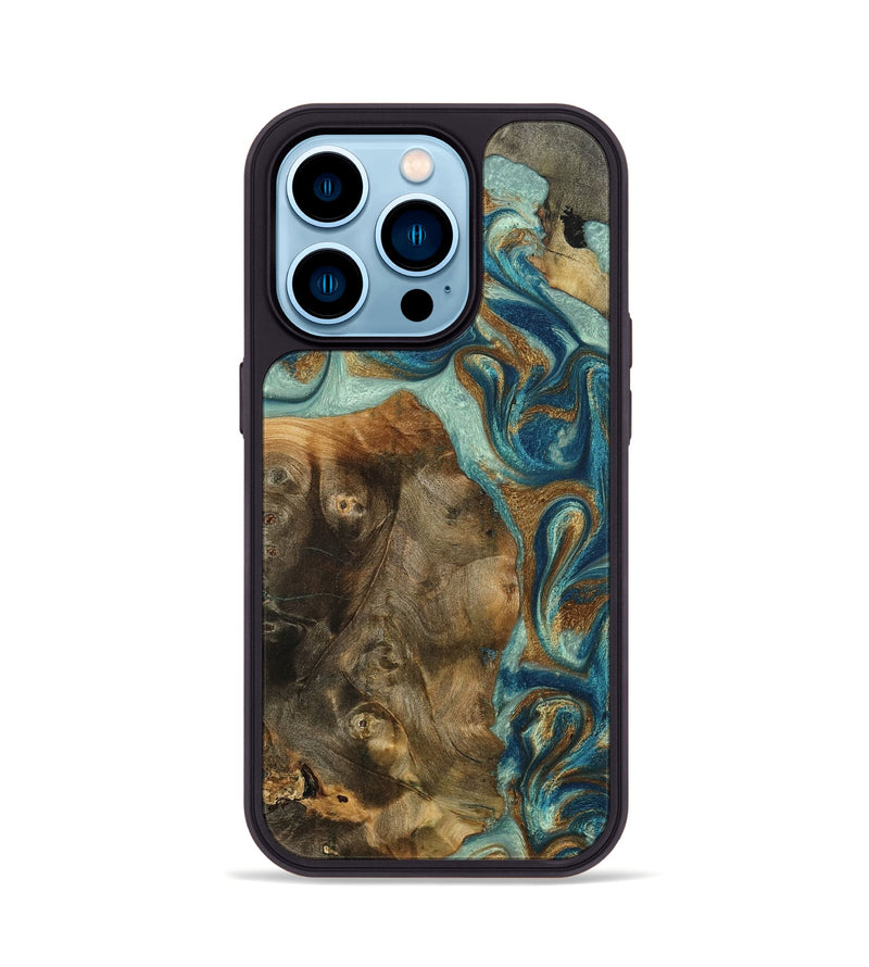 iPhone 14 Pro Wood Phone Case - Bowen (Teal & Gold, 798695)