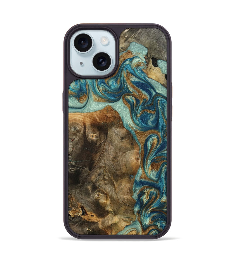 iPhone 15 Wood Phone Case - Bowen (Teal & Gold, 798695)