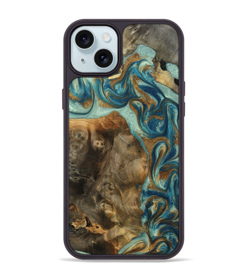 iPhone 15 Plus Wood Phone Case - Bowen (Teal & Gold, 798695)