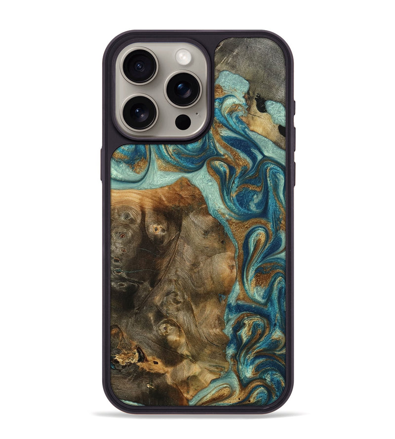iPhone 15 Pro Max Wood Phone Case - Bowen (Teal & Gold, 798695)