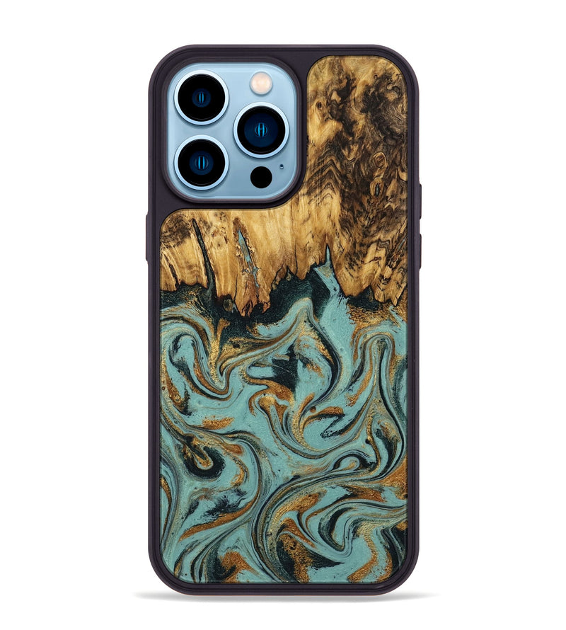 iPhone 14 Pro Max Wood Phone Case - Imogene (Teal & Gold, 798969)