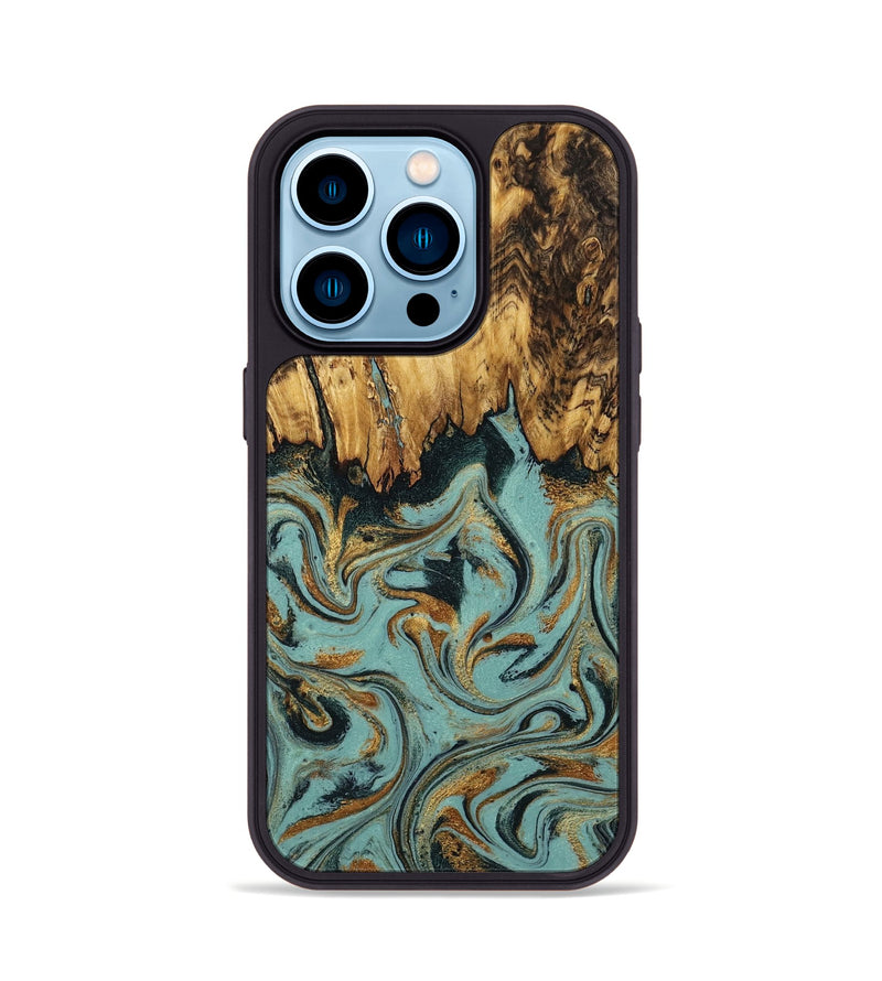 iPhone 14 Pro Wood Phone Case - Imogene (Teal & Gold, 798969)