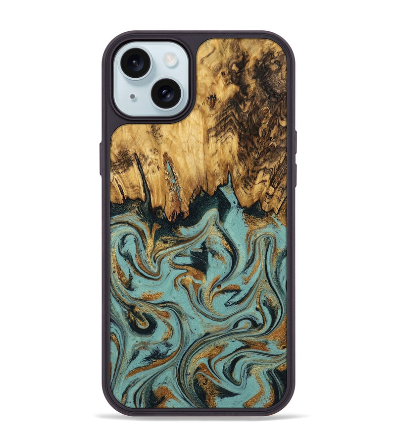 iPhone 15 Plus Wood Phone Case - Imogene (Teal & Gold, 798969)