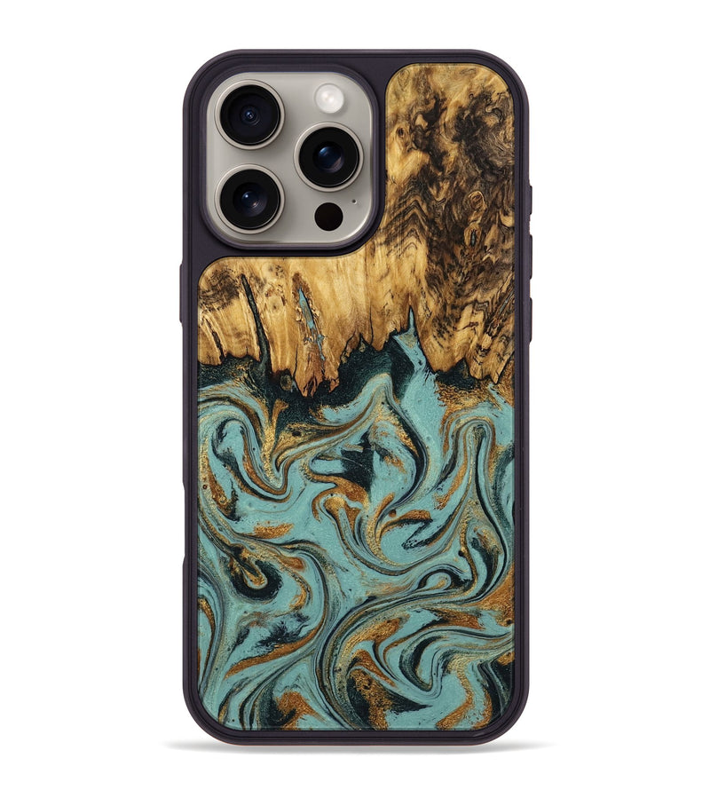 iPhone 16 Pro Max Wood Phone Case - Imogene (Teal & Gold, 798969)