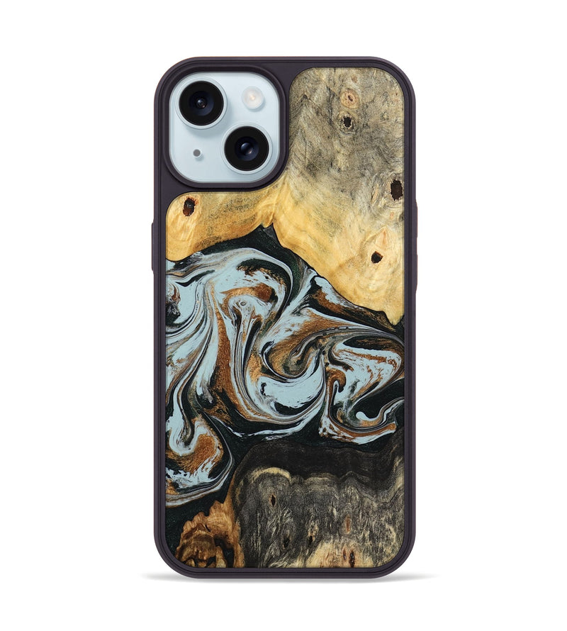 iPhone 15 Wood Phone Case - Silvia (Teal & Gold, 798997)