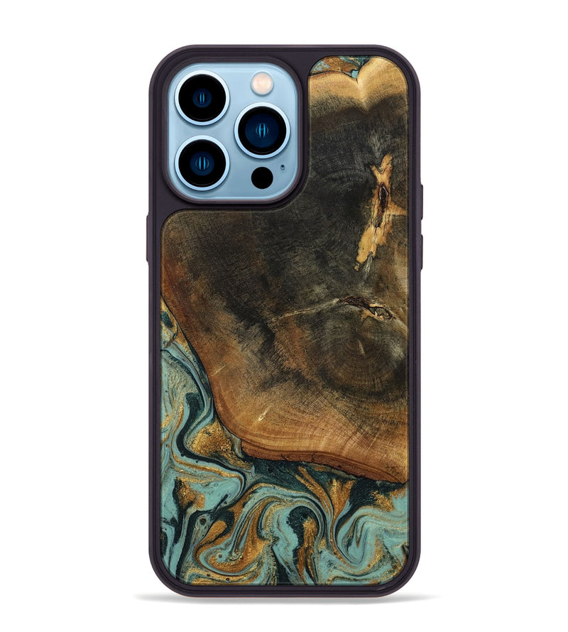 iPhone 14 Pro Max Wood Phone Case - Blanche (Teal & Gold, 798998)