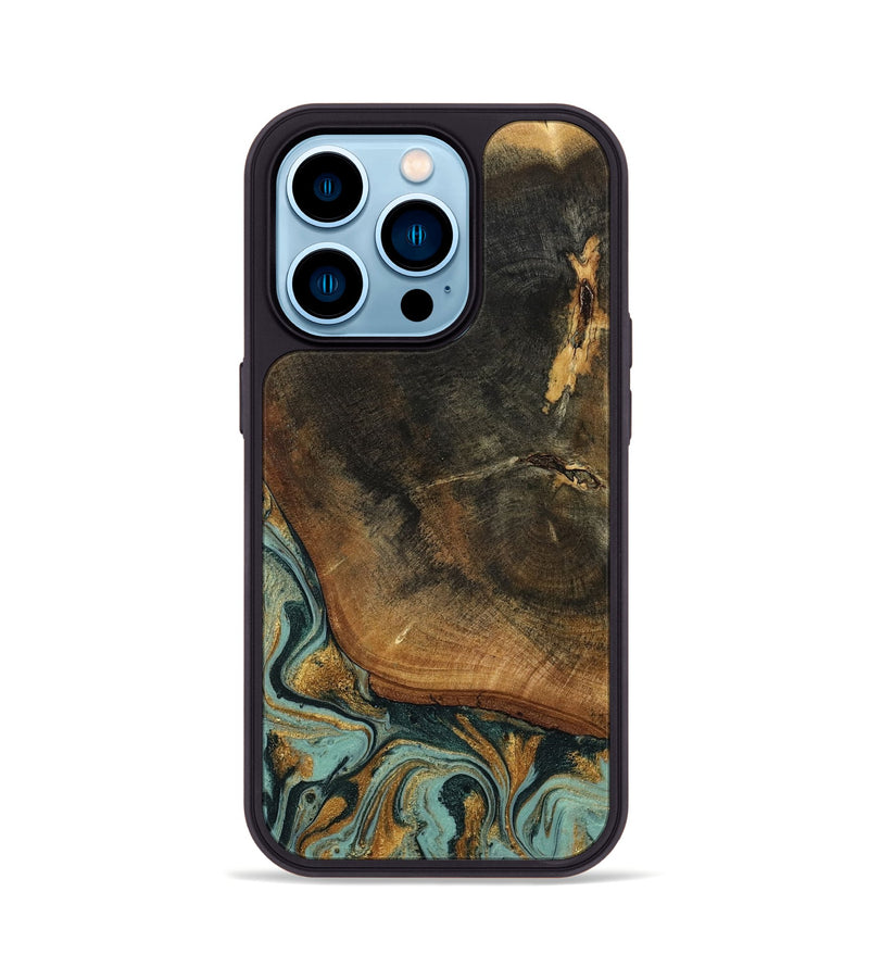 iPhone 14 Pro Wood Phone Case - Blanche (Teal & Gold, 798998)