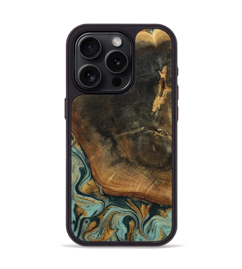 iPhone 15 Pro Wood Phone Case - Blanche (Teal & Gold, 798998)