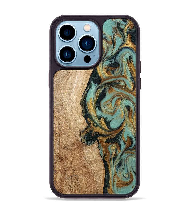 iPhone 14 Pro Max Wood Phone Case - Janis (Teal & Gold, 799016)