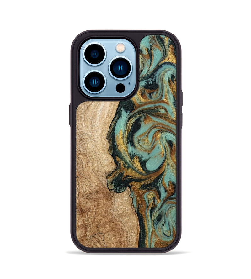 iPhone 14 Pro Wood Phone Case - Janis (Teal & Gold, 799016)