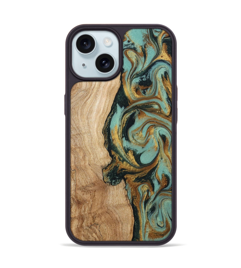 iPhone 15 Wood Phone Case - Janis (Teal & Gold, 799016)