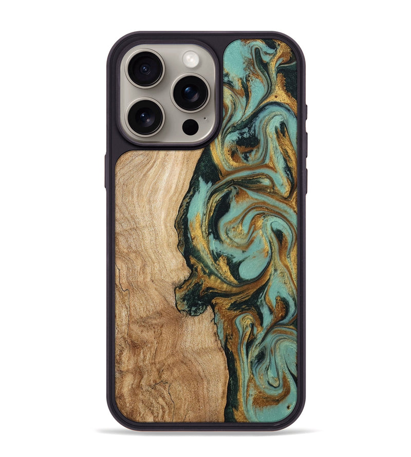 iPhone 15 Pro Max Wood Phone Case - Janis (Teal & Gold, 799016)