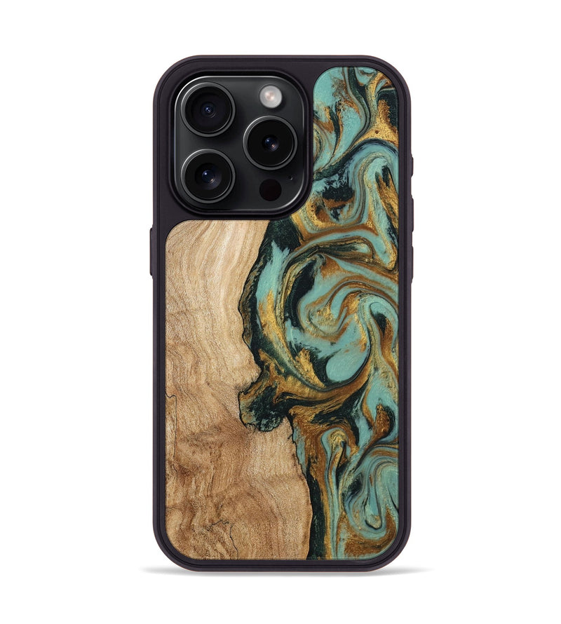 iPhone 15 Pro Wood Phone Case - Janis (Teal & Gold, 799016)
