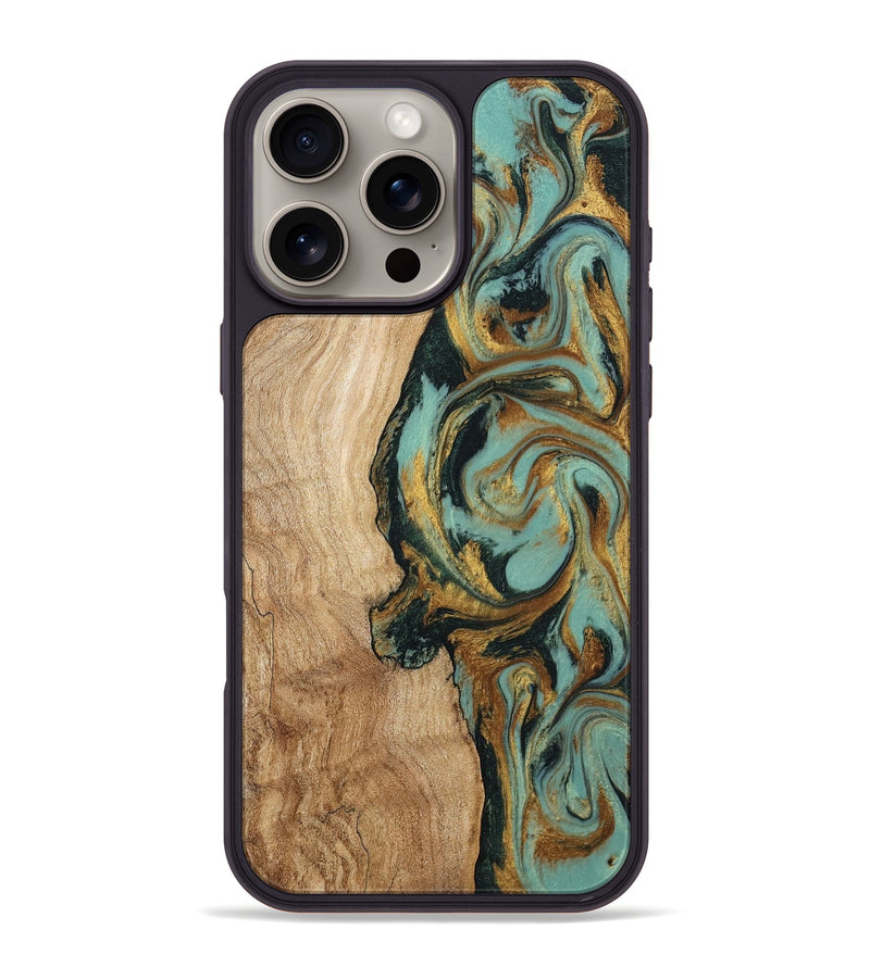iPhone 16 Pro Max Wood Phone Case - Janis (Teal & Gold, 799016)