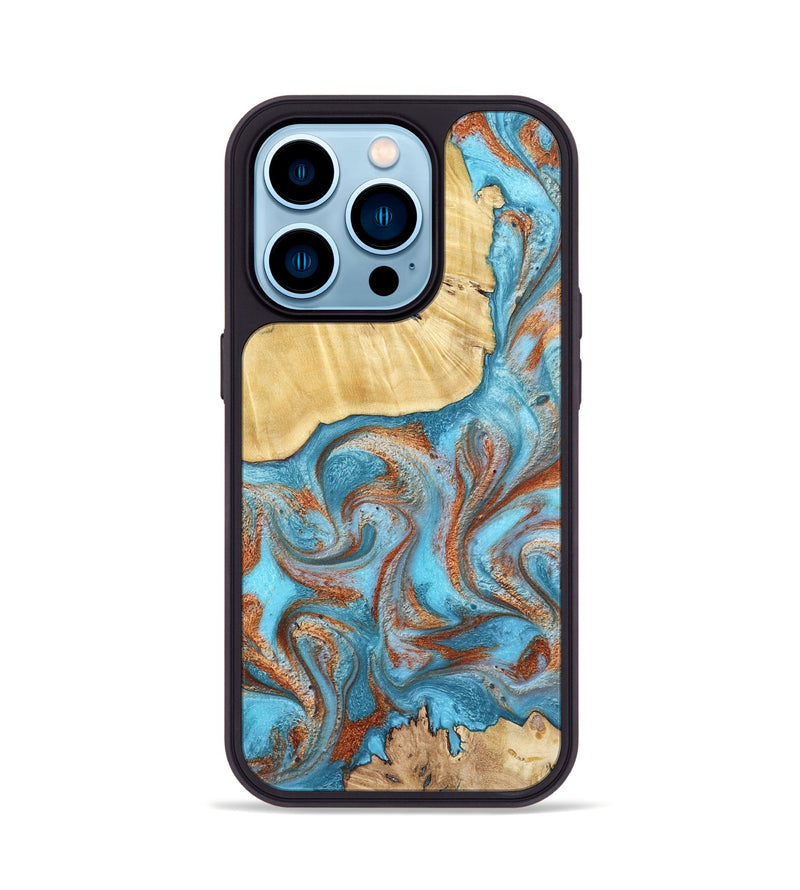 iPhone 14 Pro Wood Phone Case - Lynette (Teal & Gold, 799195)
