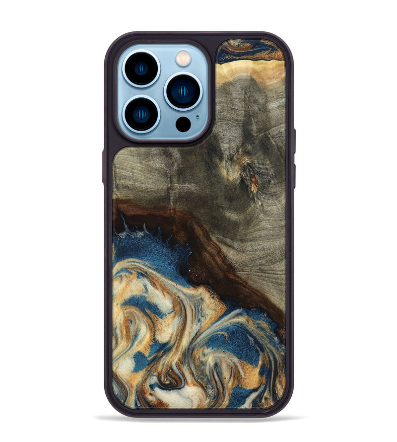 iPhone 14 Pro Max Wood Phone Case - Mozelle (Teal & Gold, 799196)