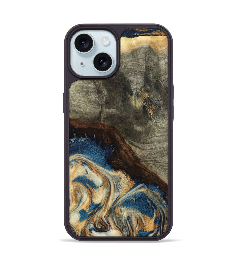 iPhone 15 Wood Phone Case - Mozelle (Teal & Gold, 799196)