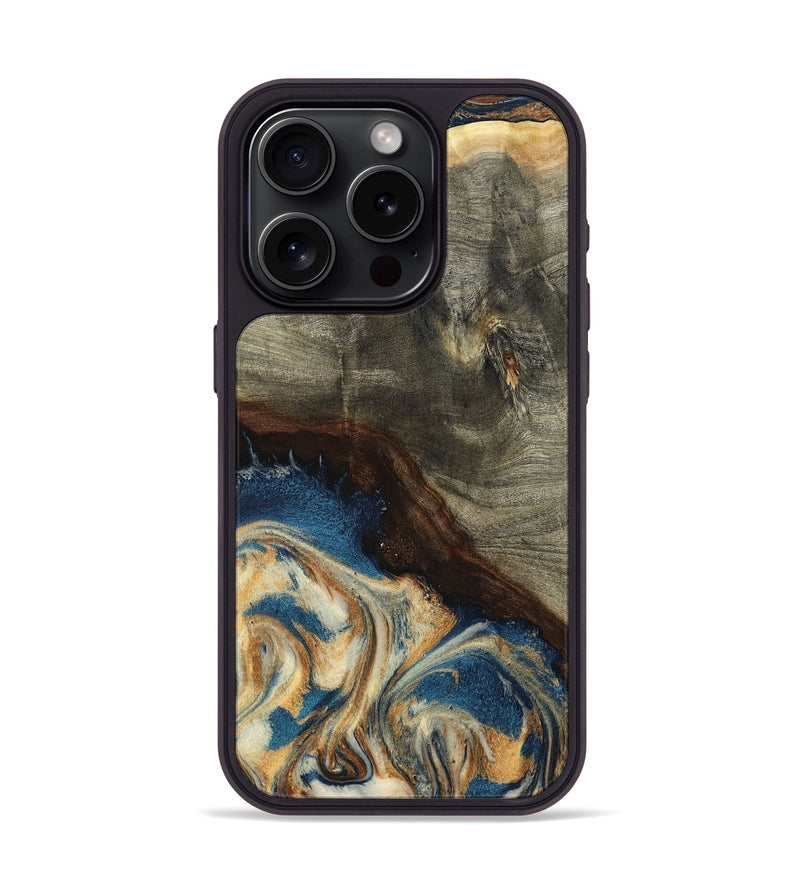 iPhone 15 Pro Wood Phone Case - Mozelle (Teal & Gold, 799196)