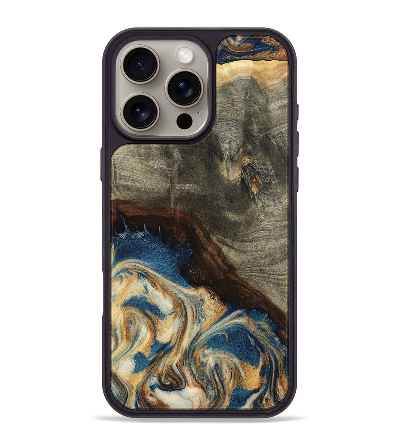 iPhone 16 Pro Max Wood Phone Case - Mozelle (Teal & Gold, 799196)
