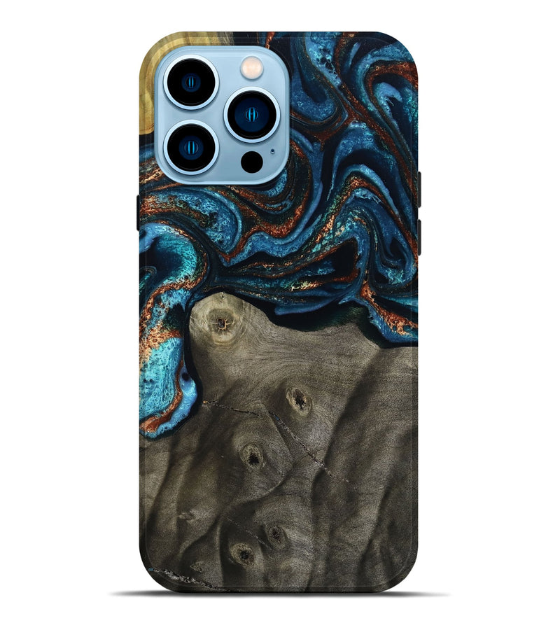 iPhone 14 Pro Max Wood Live Edge Phone Case - Enrique (Teal & Gold, 799228)