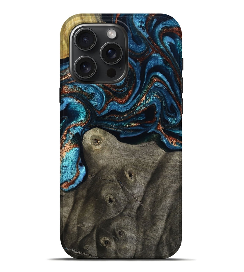iPhone 16 Pro Max Wood Live Edge Phone Case - Enrique (Teal & Gold, 799228)