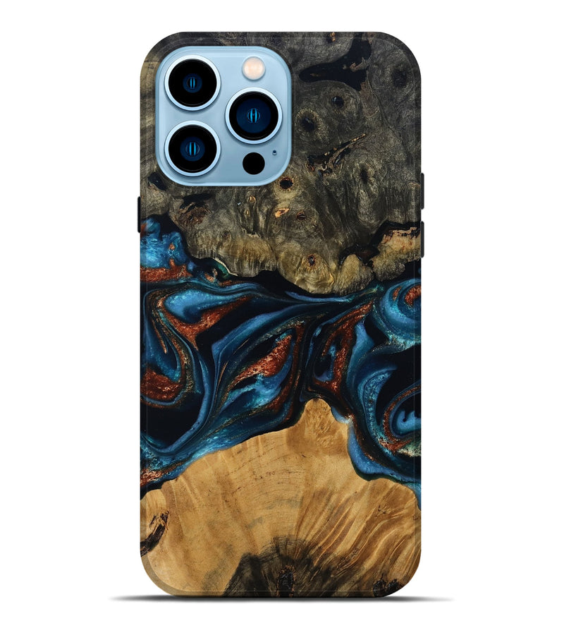 iPhone 14 Pro Max Wood Live Edge Phone Case - Ethan (Teal & Gold, 799229)
