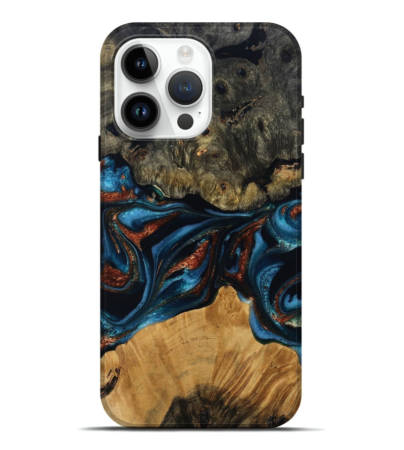 iPhone 15 Pro Max Wood Live Edge Phone Case - Ethan (Teal & Gold, 799229)