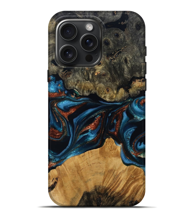 iPhone 16 Pro Max Wood Live Edge Phone Case - Ethan (Teal & Gold, 799229)