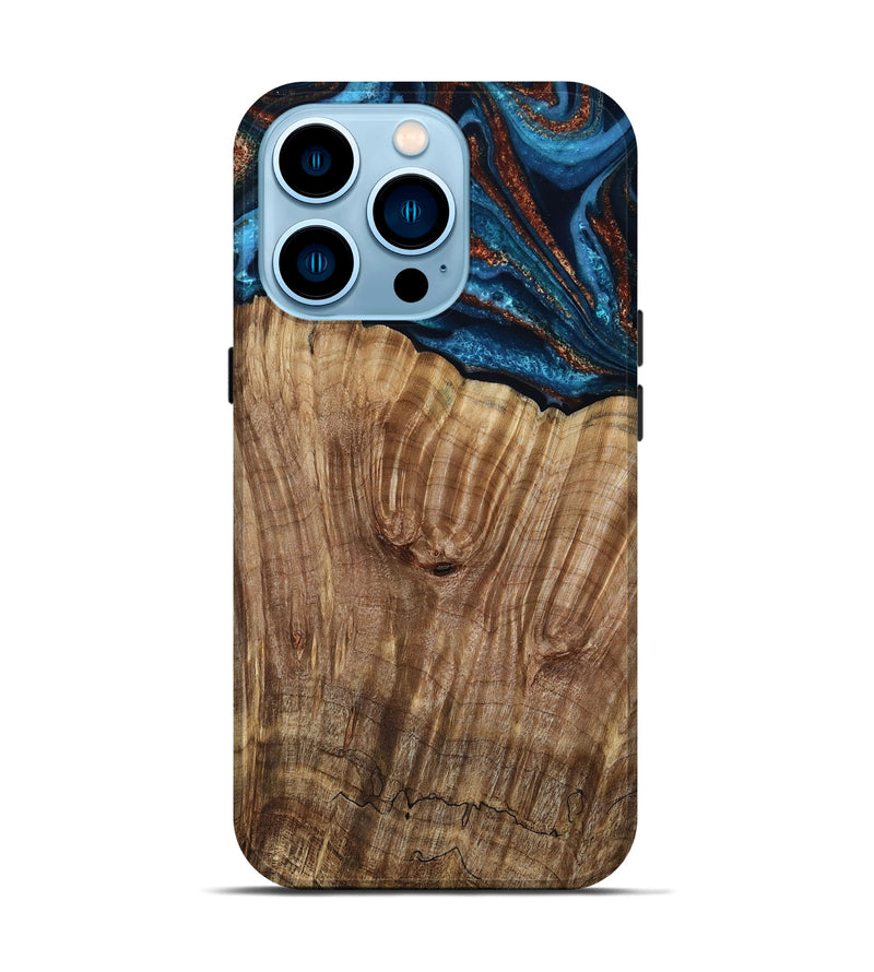 iPhone 14 Pro Wood Live Edge Phone Case - Roy (Teal & Gold, 799230)