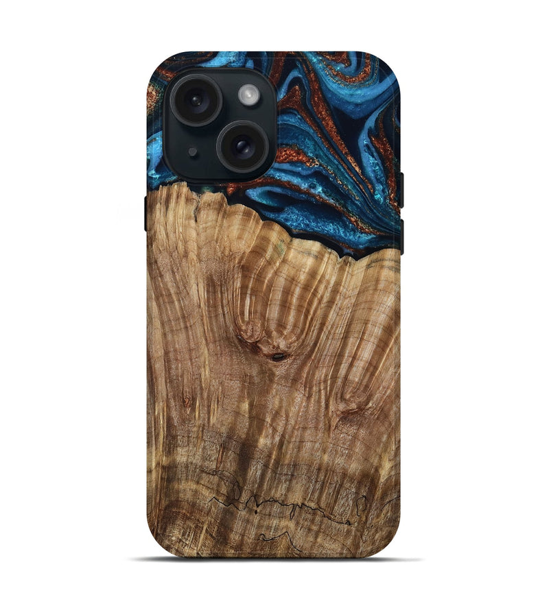 iPhone 15 Wood Live Edge Phone Case - Roy (Teal & Gold, 799230)
