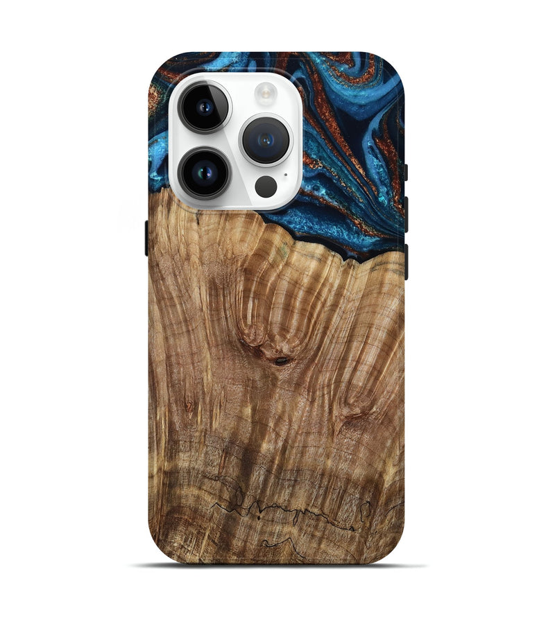 iPhone 15 Pro Wood Live Edge Phone Case - Roy (Teal & Gold, 799230)