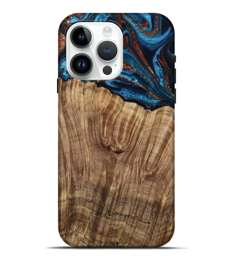iPhone 15 Pro Max Wood Live Edge Phone Case - Roy (Teal & Gold, 799230)