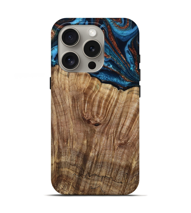 iPhone 16 Pro Wood Live Edge Phone Case - Roy (Teal & Gold, 799230)