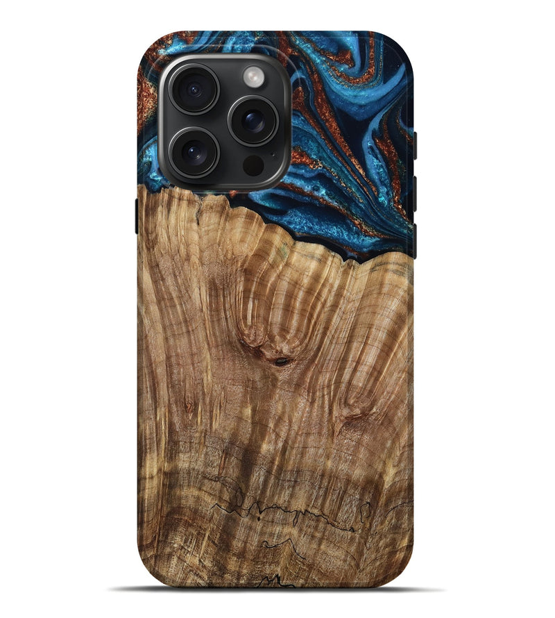 iPhone 16 Pro Max Wood Live Edge Phone Case - Roy (Teal & Gold, 799230)